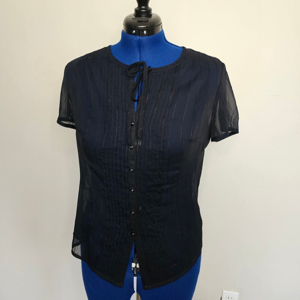 Loft by Ann Taylor Navy Shear pleated button down top with bow tie